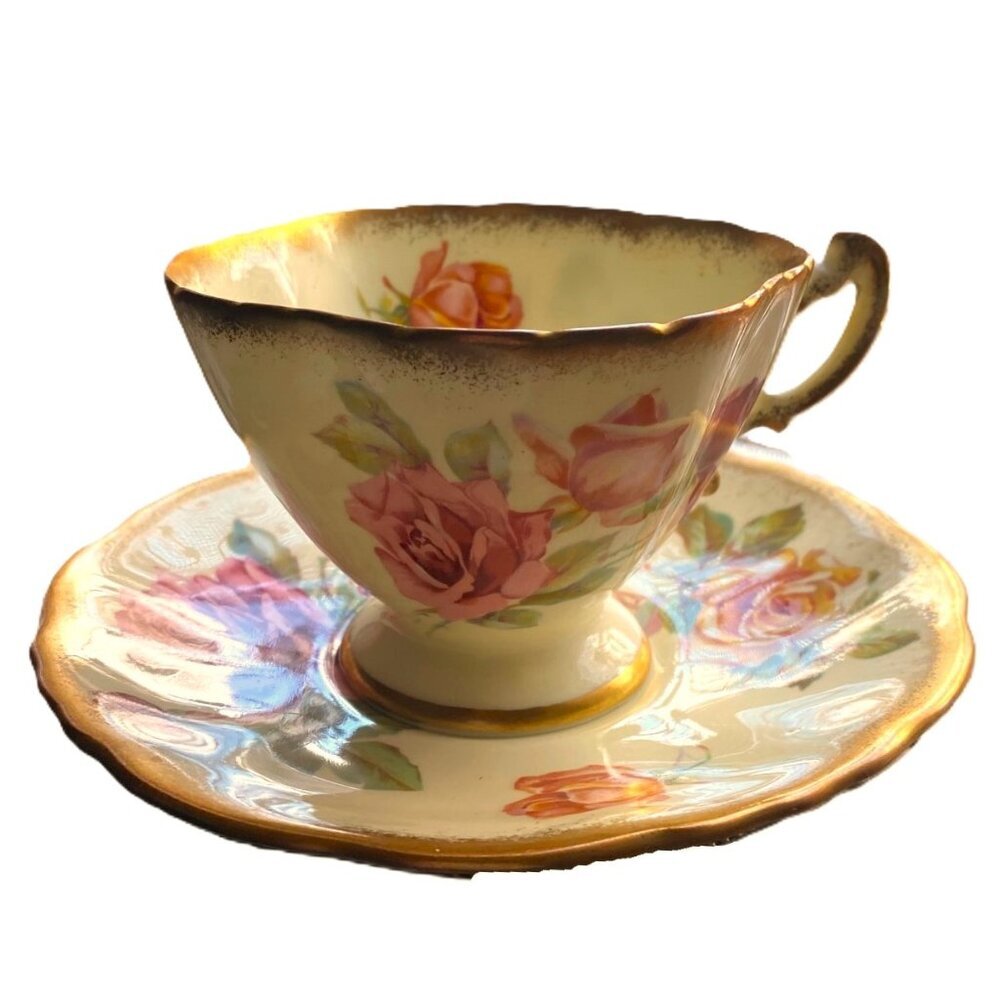 50s English Bone China Cabbage Roses Teacup and Saucer set< Bridgerton style!